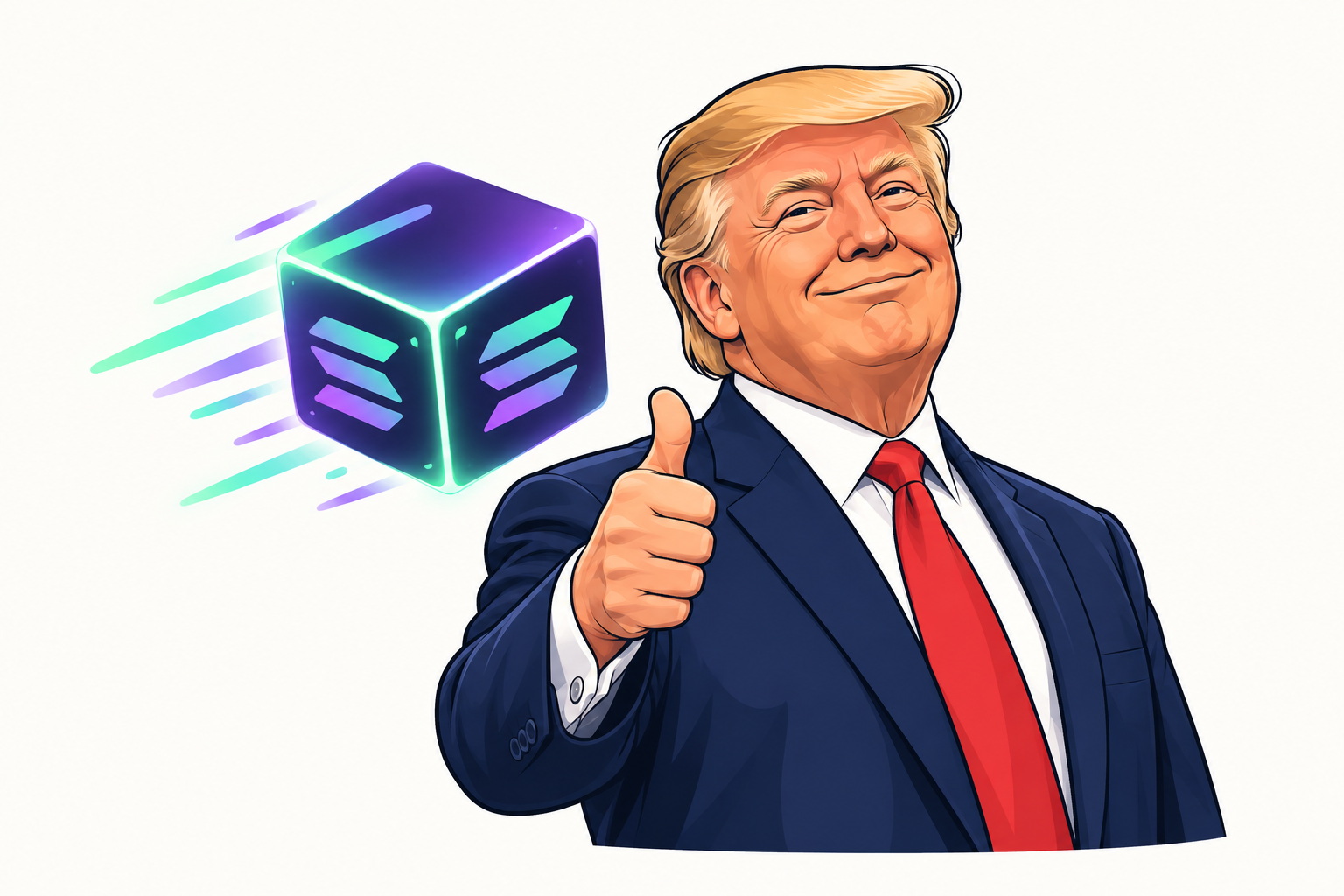Trump-inspired character illustration with a purple and mint Solana cube