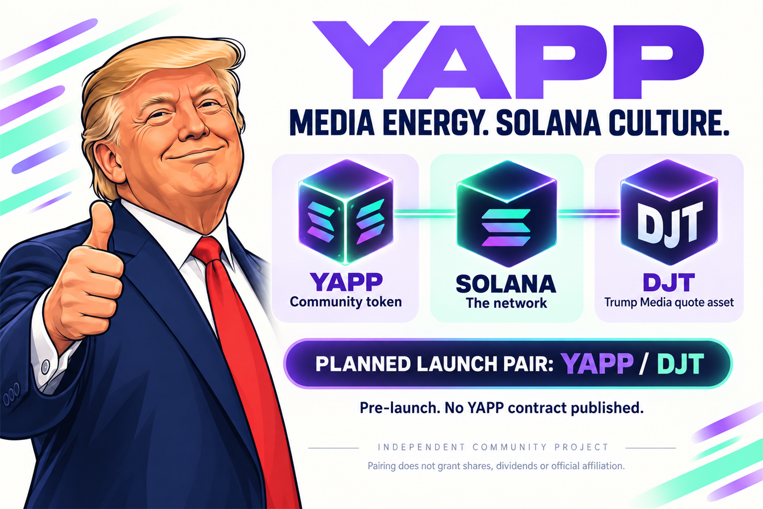 Explanation of the YAPP project, Solana network and planned DJT quote asset